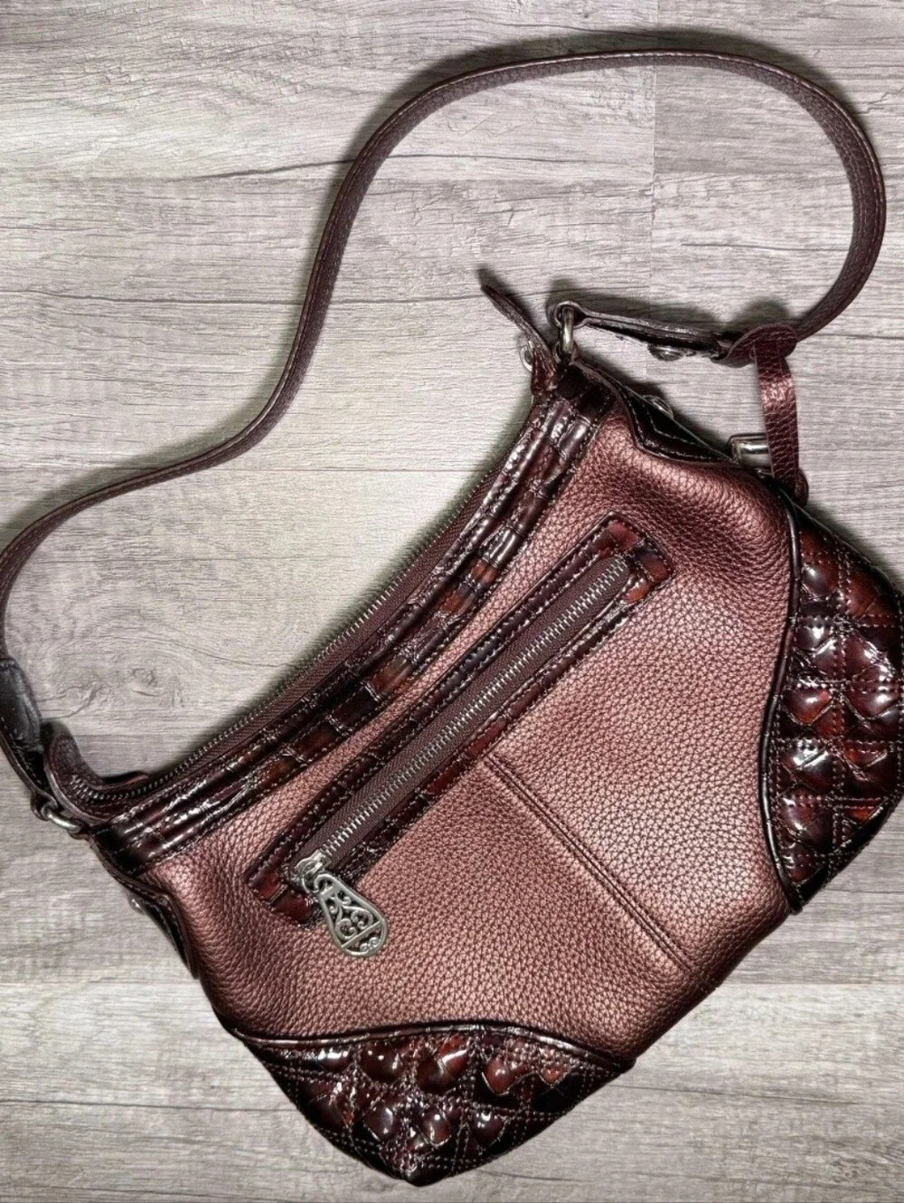 BRIGHTON Metallic Bronze & Brown Pebbled Leather Shoulder Bag 12 x 8 x 1.5 NEW!!